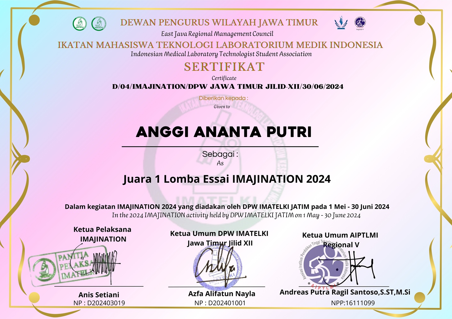 Juara 1 Imajination 2024 oleh DPW IMATELKI JATIM 1 Mei-30 Juni 2024
